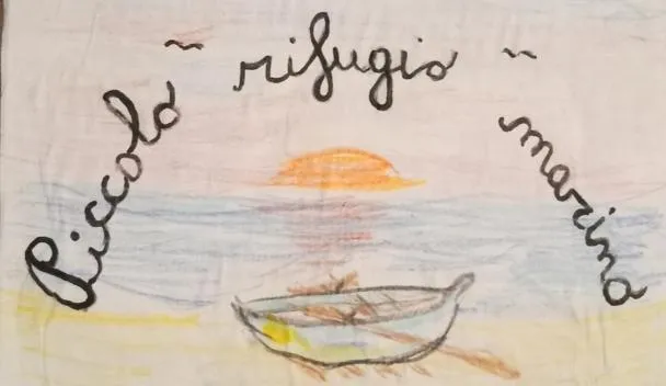Hand-drawn sign reading 'rifugio' and 'Piccolo marino' with a sunburst over a calm sea and a small boat at Piccolo rifugio marino in Porto Maurizio