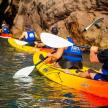 a group of people in kayaks on the water