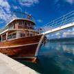 a boat sitting in the water under a bridge