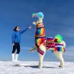 a woman standing next to a toy camel in the snow