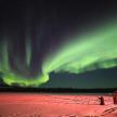 a group of people standing in the snow under the northern lights