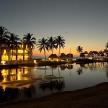 a pool of water with palm trees and a building