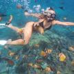 a woman swimming in the water with fish