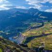an aerial view of a valley in the mountains
