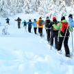 a group of people walking through the snow