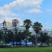 a cruise ship with palm trees in front of it