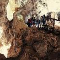 a group of people standing on a staircase in a cave