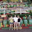 three women standing in front of a display of wine bottles