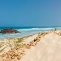 a sandy beach with the ocean in the background