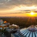 a view of a city at sunset from a building