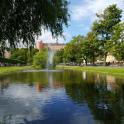 a pond with a fountain in a park