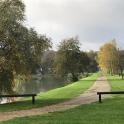 two benches in a park next to a body of water