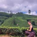 a woman standing in front of a tea plantation