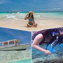 three pictures of a woman on the beach with a boat