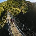 a person riding a bike on a suspension bridge
