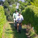 a man and woman riding bikes down a trail