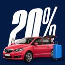Red car with a suitcase in front of a large 20% graphic