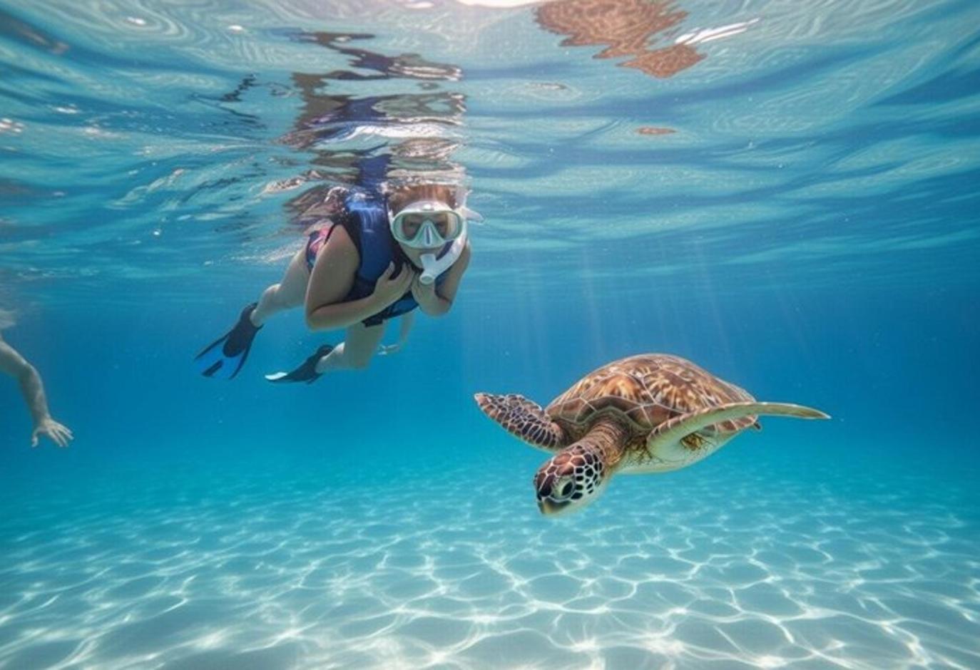 una persona nadando en el agua con una tortuga
