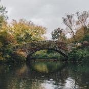 a stone bridge over a river in a park