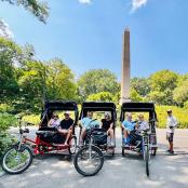 a group of people riding in a horse drawn carriage