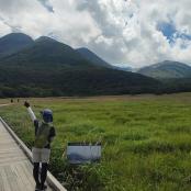 a person standing on a boardwalk flying a kite