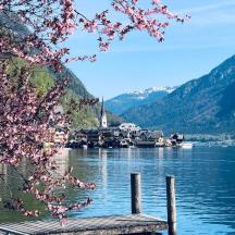 Blick auf einen See mit einer Bank und Bergen