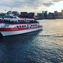 a ferry boat in the water with a city in the background