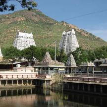 a view of a temple in front of a mountain