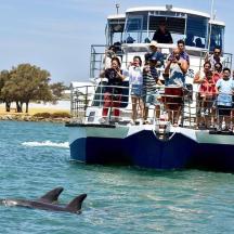 a group of people on a boat with a whale in the water