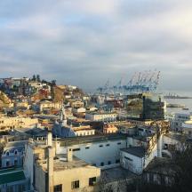 a view of a city with buildings and a harbor
