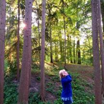 una nena petita que està dreta al bosc amb el cap als arbres