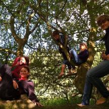 a group of people sitting in a tree