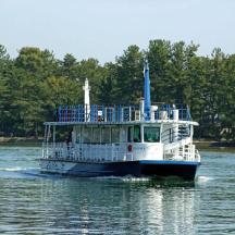a ferry boat traveling down a river