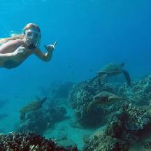 a woman is swimming in the ocean with fish