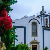a christmas tree in front of a church