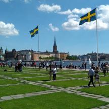 a group of people standing in a park with flags