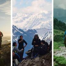 three different pictures of people on a mountain