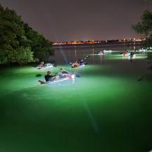 a group of people in boats in the water at night