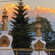 two pagodas in front of a mural of a mountain
