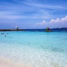 a group of people swimming in the blue ocean