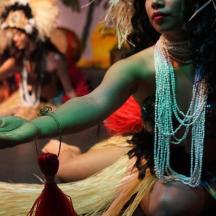 a woman in a costume is holding a hula