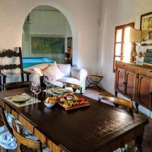 a living room with a table with food on it