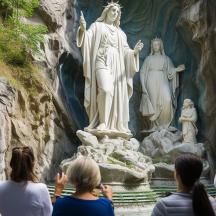 a group of people looking at a statue
