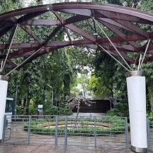 a large wooden structure in a park with trees