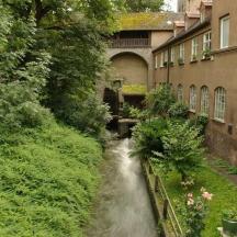 a stream of water in a garden next to a building