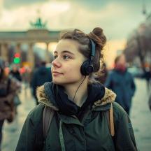 a woman with headphones on a crowd of people