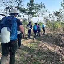 a group of people walking down a trail