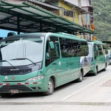 two green buses parked at a bus stop