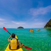 a group of people in kayaks in the ocean