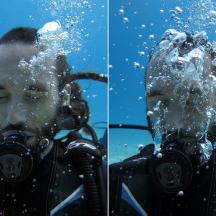un uomo in muta da sub con un ragno nell'acqua